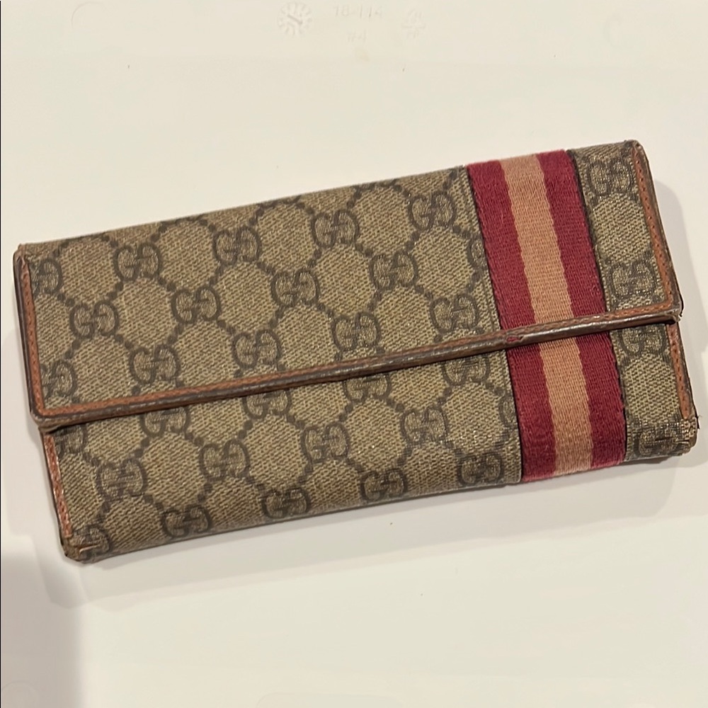 Gucci GG Double Sided Long Wallet with Burgundy & Beige Stripes - Pre-Loved